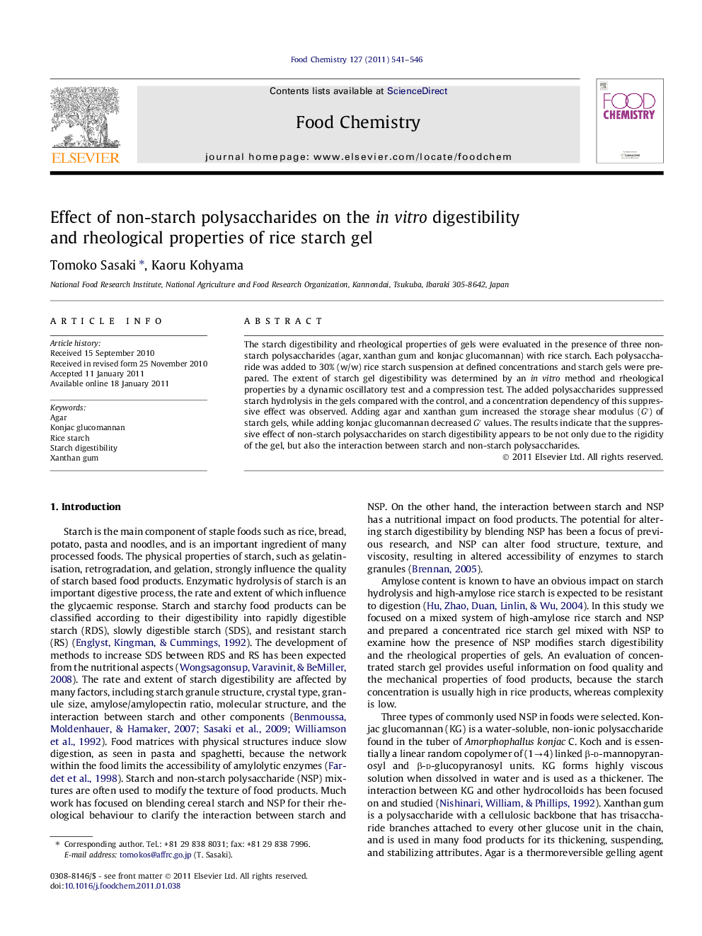 Effect of non-starch polysaccharides on the in vitro digestibility and rheological properties of rice starch gel