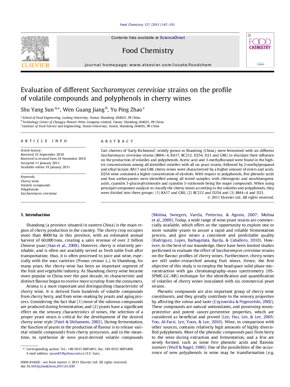 Evaluation of different Saccharomyces cerevisiae strains on the profile of volatile compounds and polyphenols in cherry wines