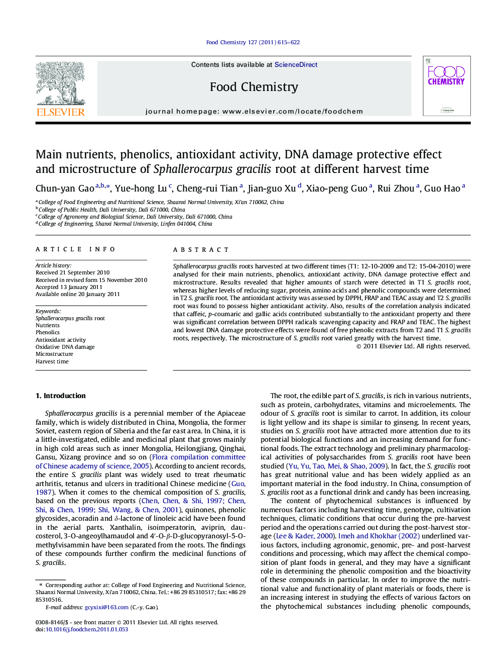 Main nutrients, phenolics, antioxidant activity, DNA damage protective effect and microstructure of Sphallerocarpus gracilis root at different harvest time