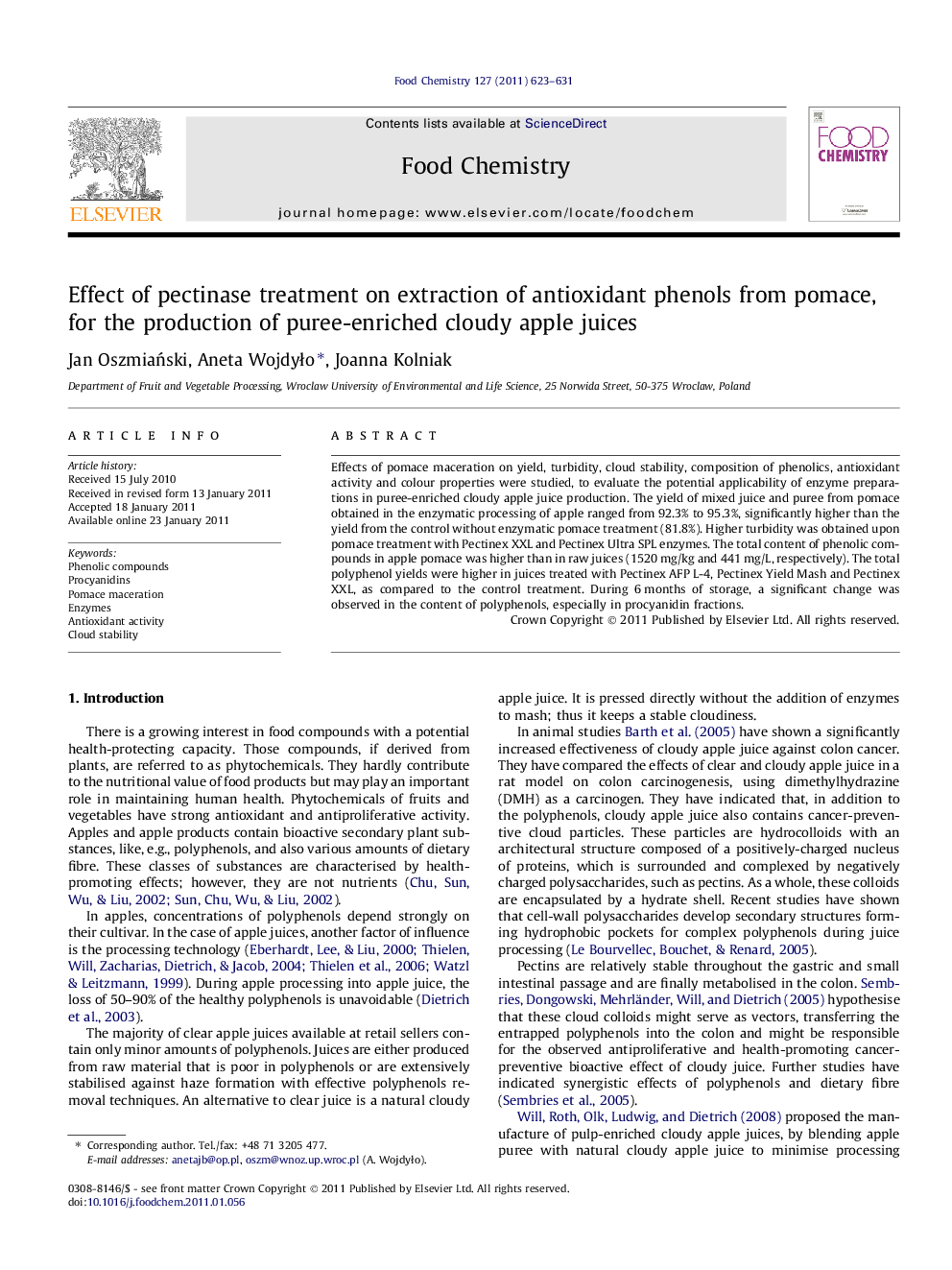 Effect of pectinase treatment on extraction of antioxidant phenols from pomace, for the production of puree-enriched cloudy apple juices