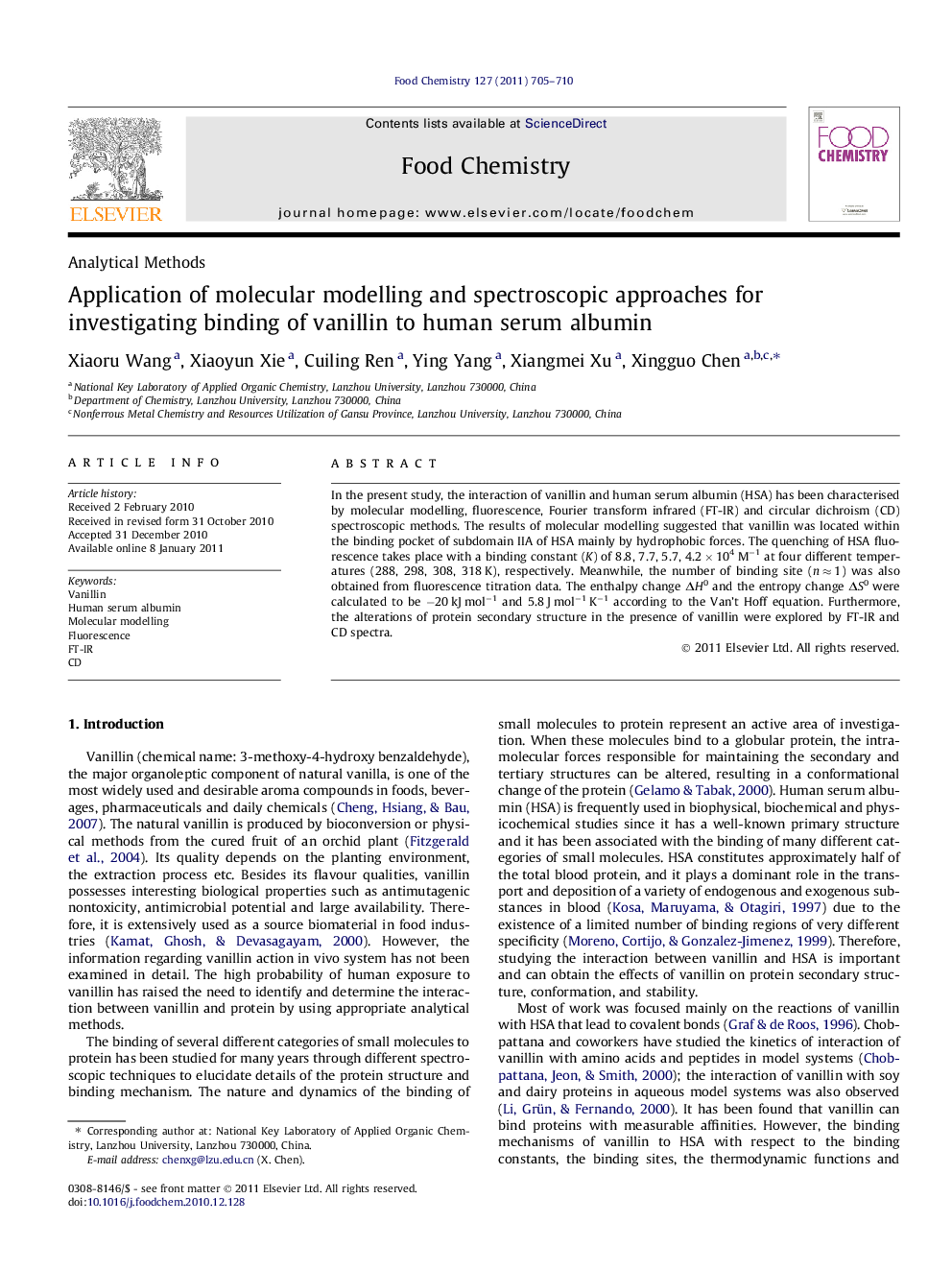 Application of molecular modelling and spectroscopic approaches for investigating binding of vanillin to human serum albumin