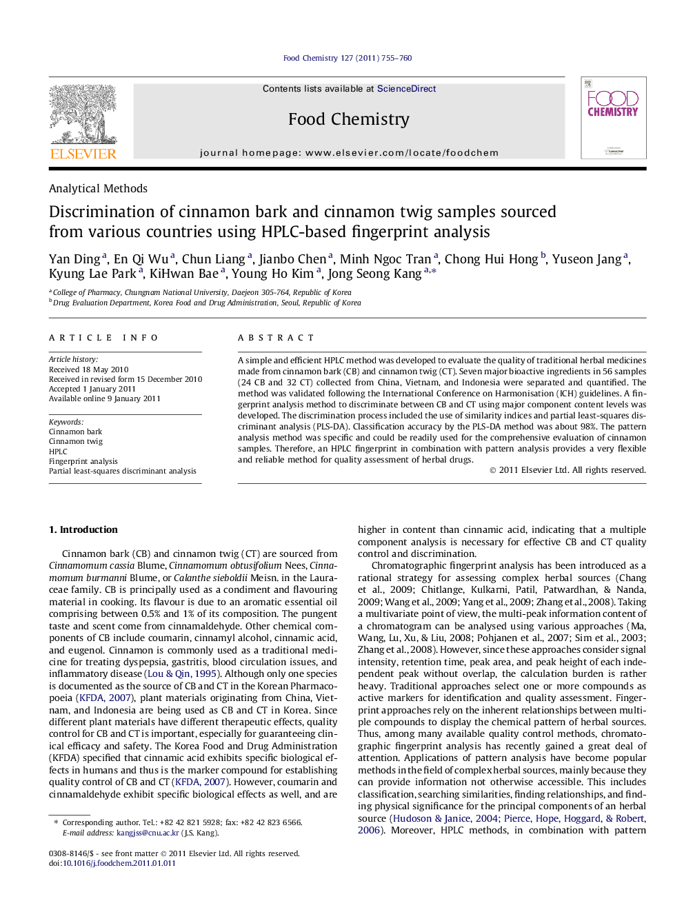 Discrimination of cinnamon bark and cinnamon twig samples sourced from various countries using HPLC-based fingerprint analysis