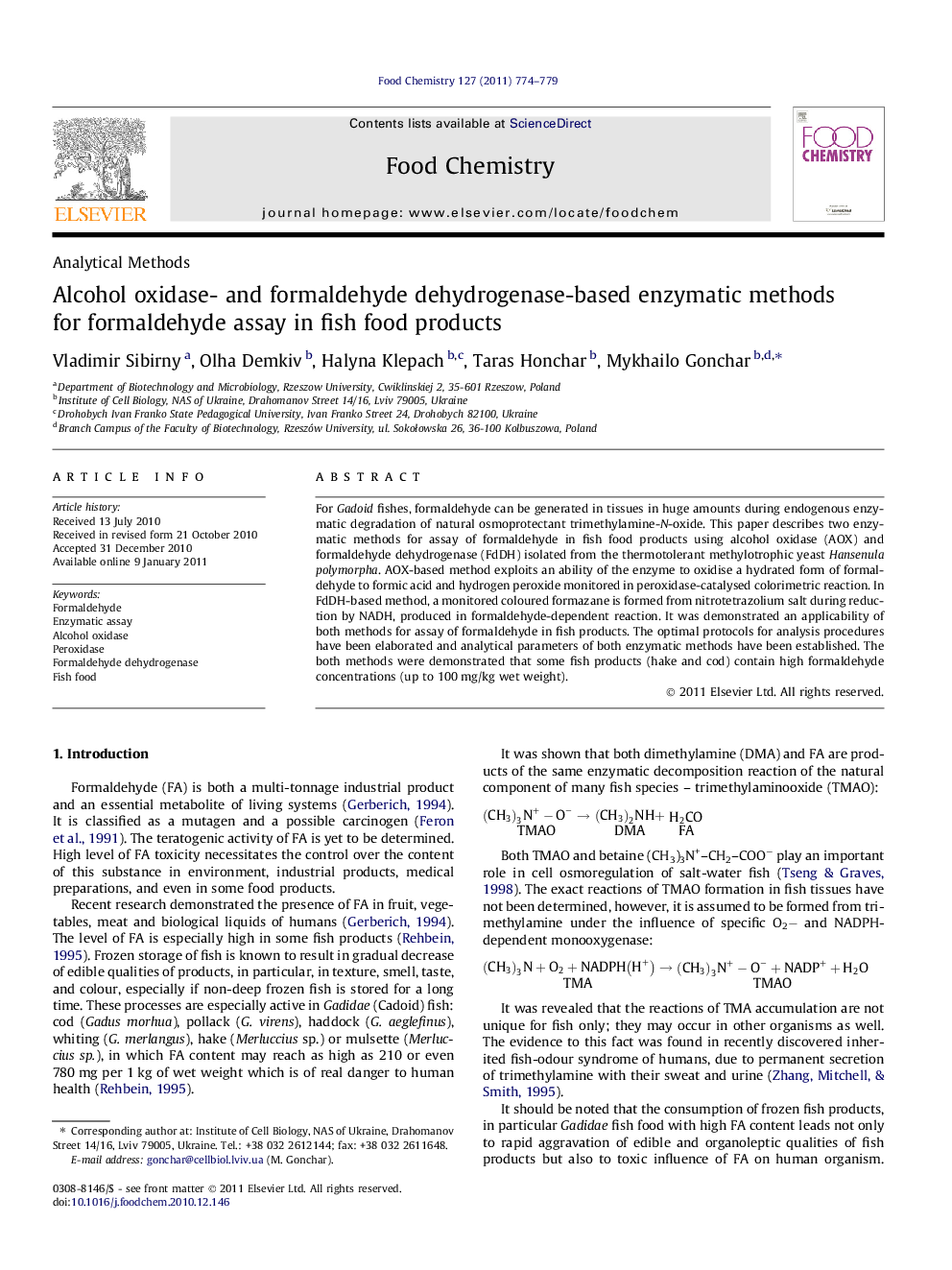 Alcohol oxidase- and formaldehyde dehydrogenase-based enzymatic methods for formaldehyde assay in fish food products