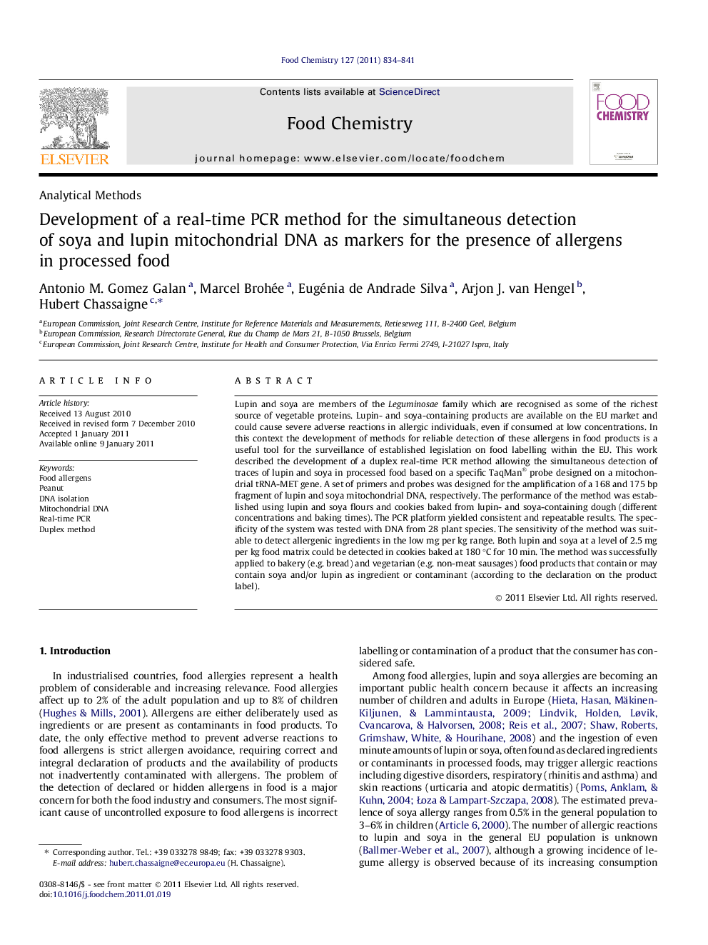 Development of a real-time PCR method for the simultaneous detection of soya and lupin mitochondrial DNA as markers for the presence of allergens in processed food