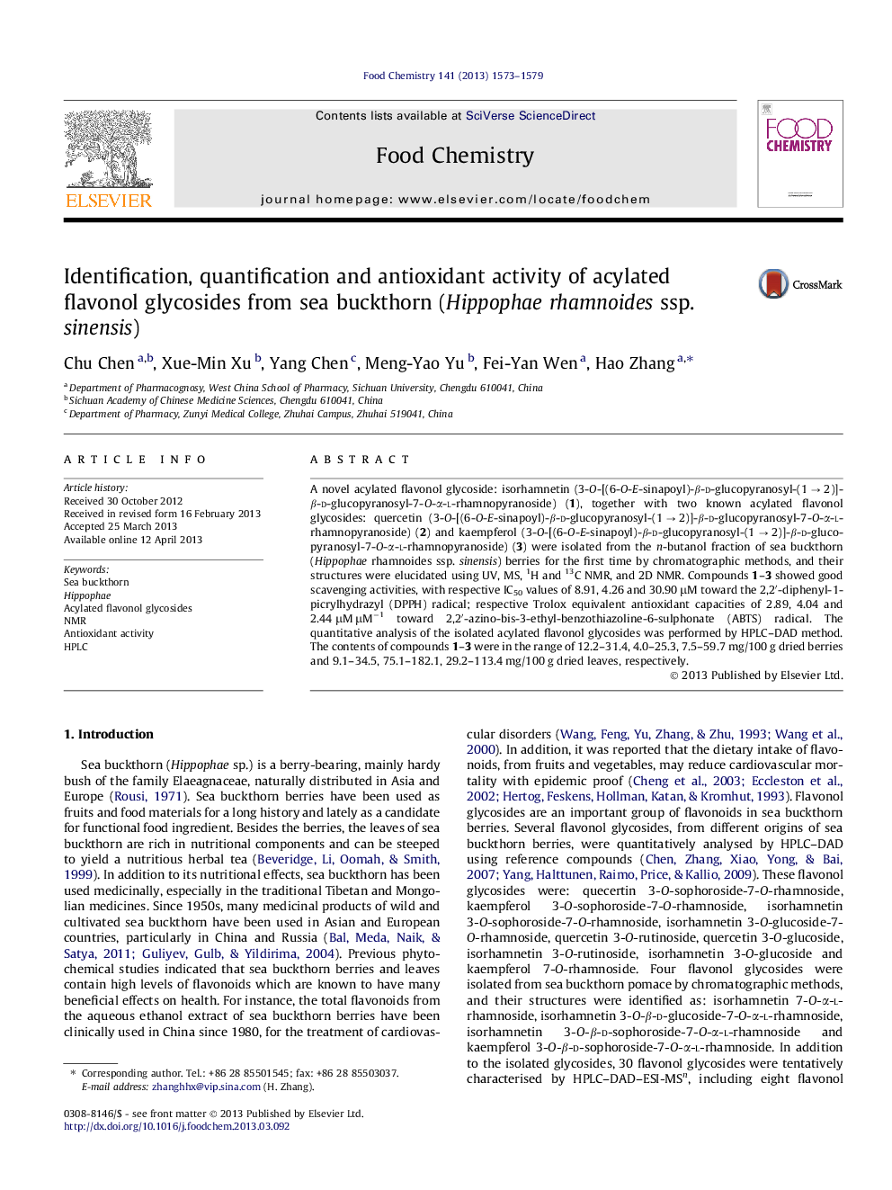 Identification, quantification and antioxidant activity of acylated flavonol glycosides from sea buckthorn (Hippophae rhamnoides ssp. sinensis)