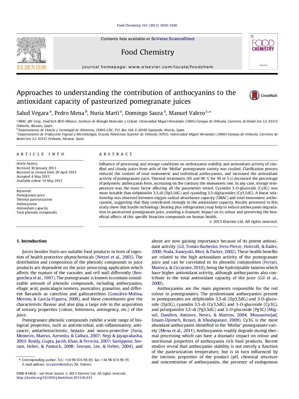 Approaches to understanding the contribution of anthocyanins to the antioxidant capacity of pasteurized pomegranate juices