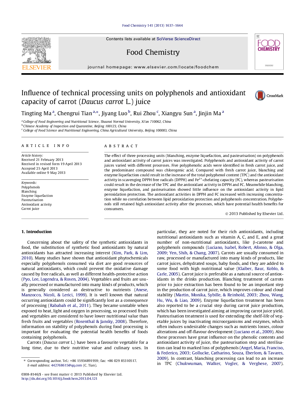 Influence of technical processing units on polyphenols and antioxidant capacity of carrot (Daucus carrot L.) juice