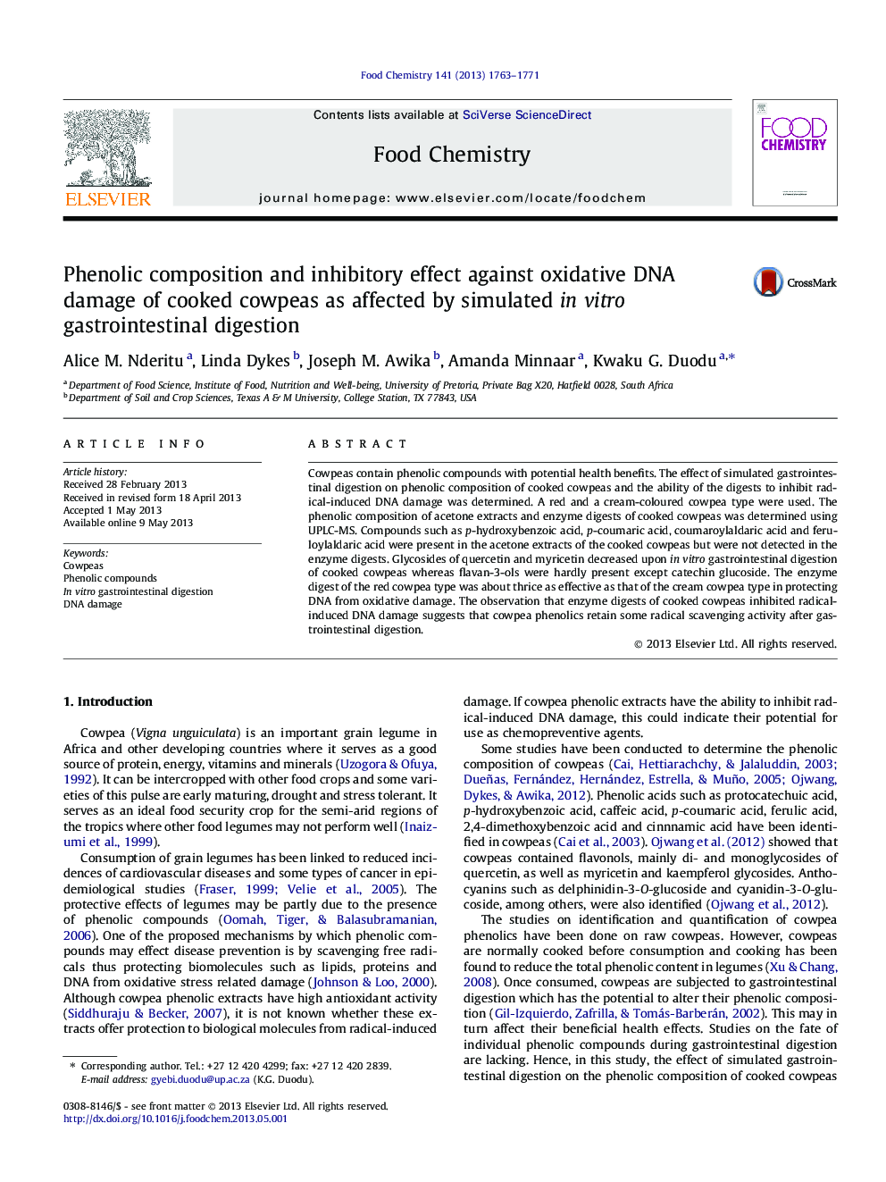 Phenolic composition and inhibitory effect against oxidative DNA damage of cooked cowpeas as affected by simulated in vitro gastrointestinal digestion