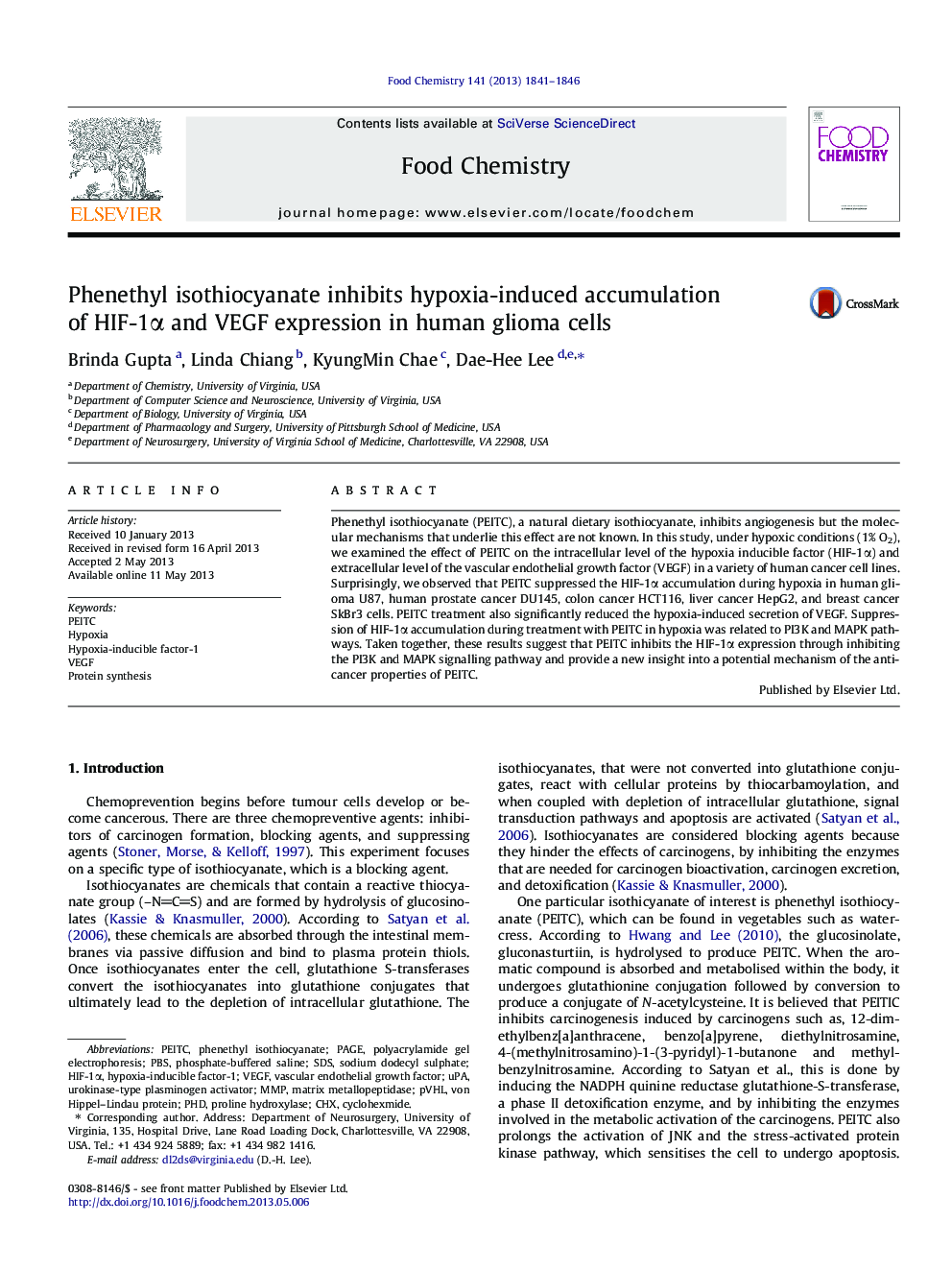 Phenethyl isothiocyanate inhibits hypoxia-induced accumulation of HIF-1Î± and VEGF expression in human glioma cells