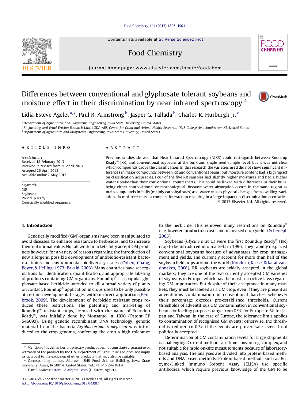 Differences between conventional and glyphosate tolerant soybeans and moisture effect in their discrimination by near infrared spectroscopy