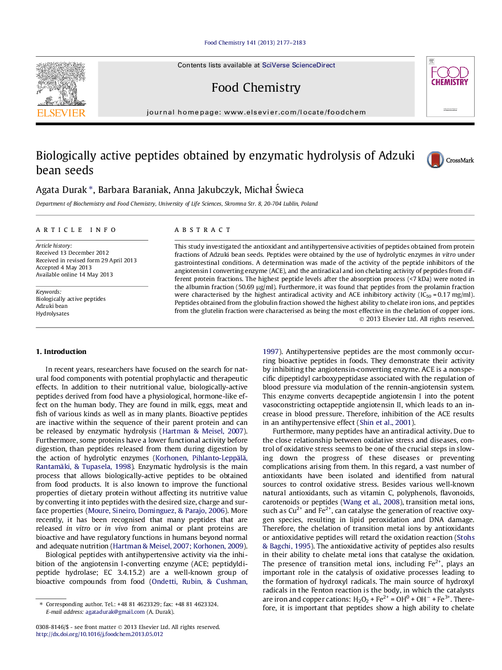 Biologically active peptides obtained by enzymatic hydrolysis of Adzuki bean seeds