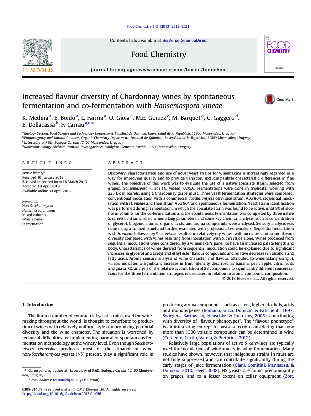 Increased flavour diversity of Chardonnay wines by spontaneous fermentation and co-fermentation with Hanseniaspora vineae