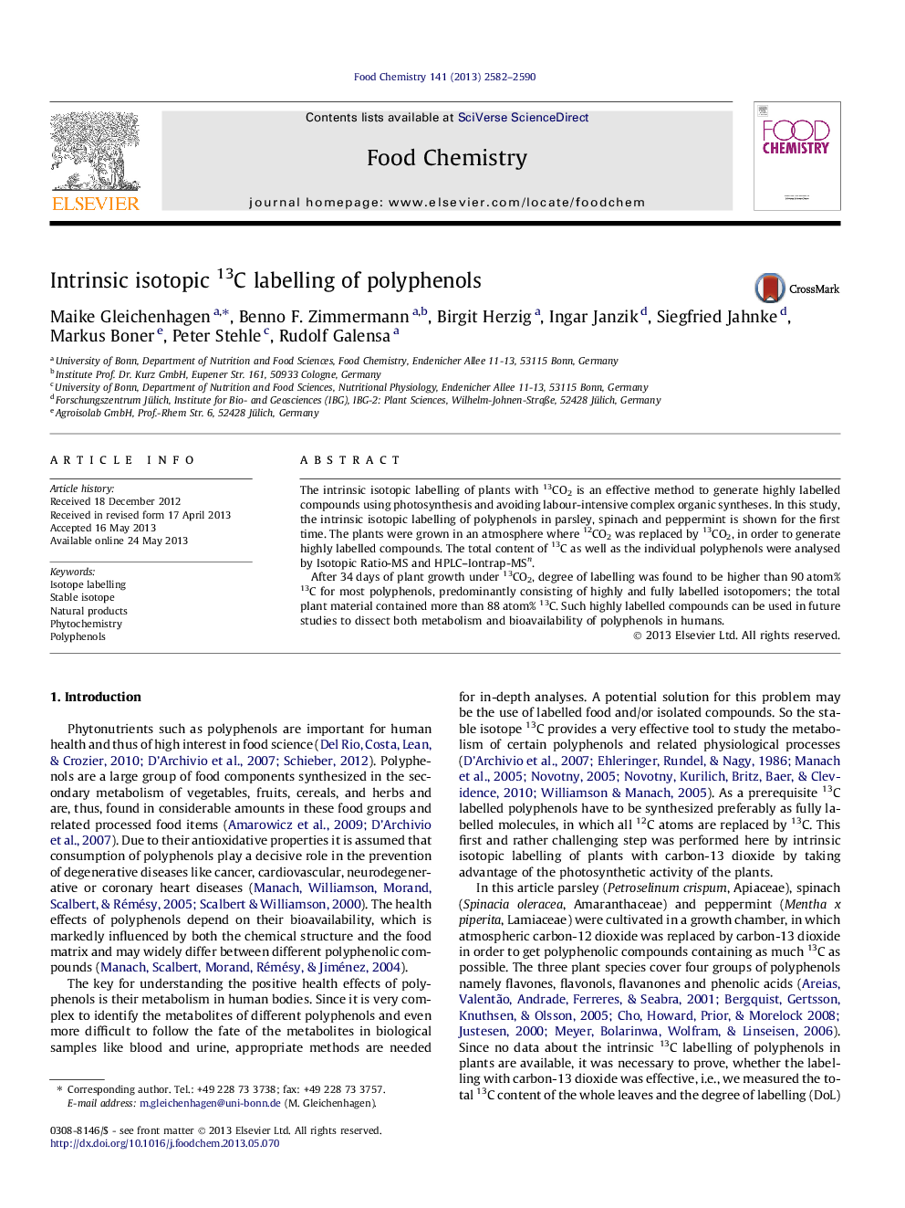 Intrinsic isotopic 13C labelling of polyphenols