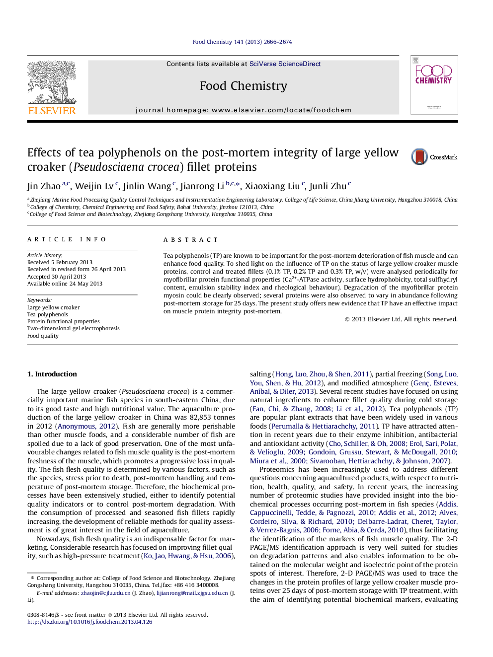 Effects of tea polyphenols on the post-mortem integrity of large yellow croaker (Pseudosciaena crocea) fillet proteins