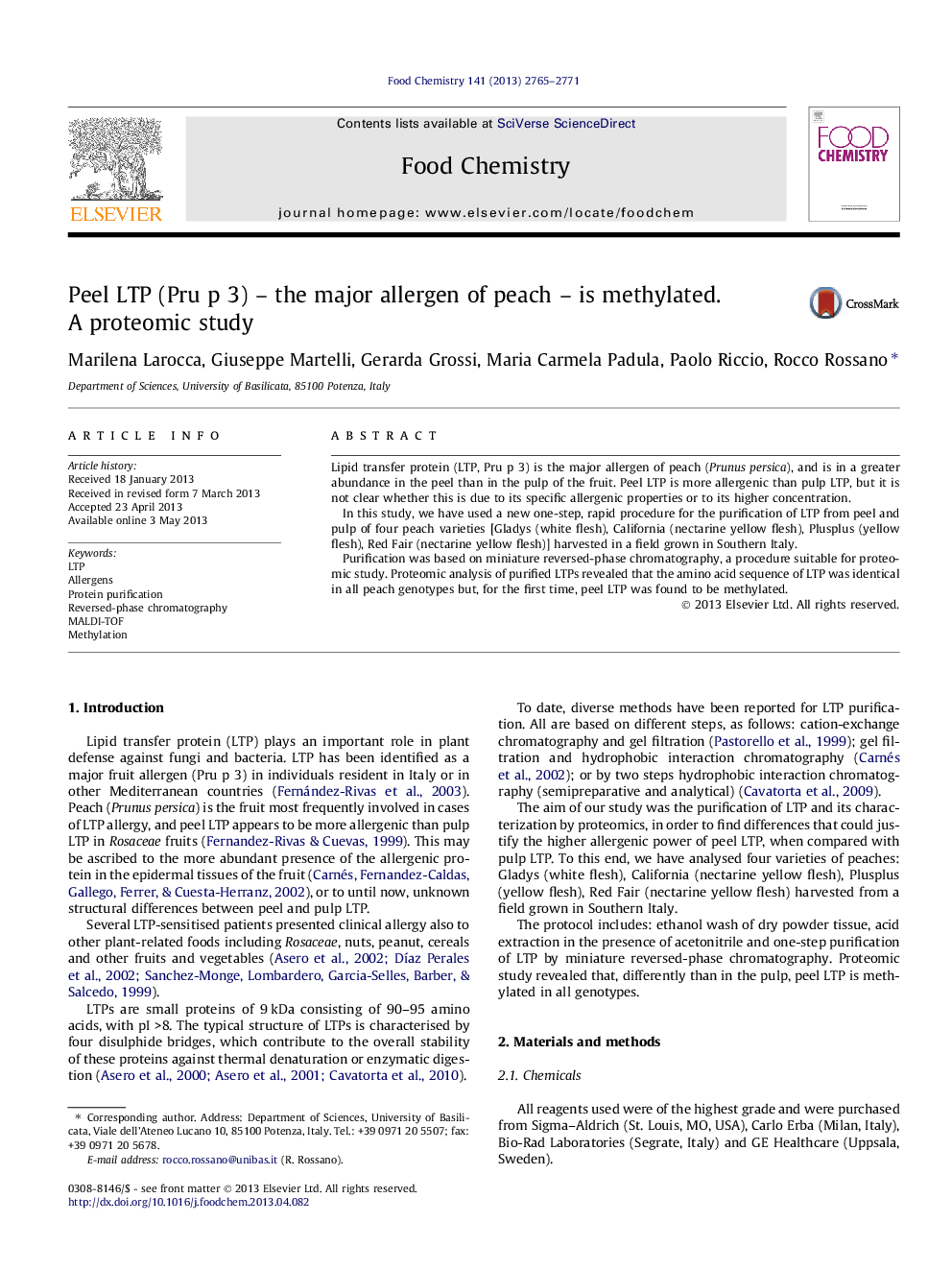 Peel LTP (Pru p 3) - the major allergen of peach - is methylated. A proteomic study