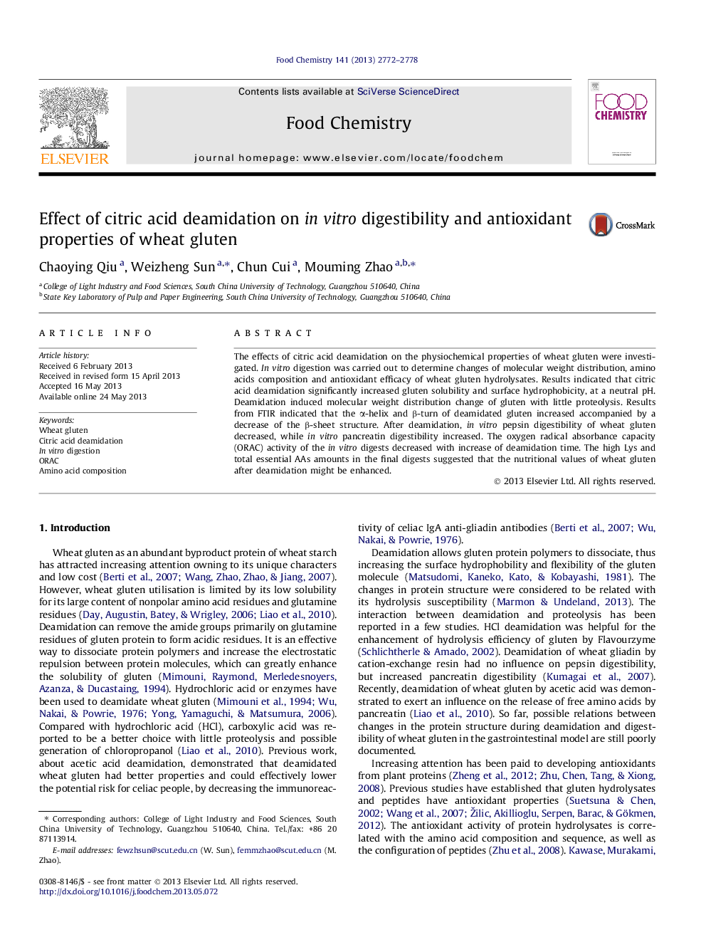 Effect of citric acid deamidation on in vitro digestibility and antioxidant properties of wheat gluten