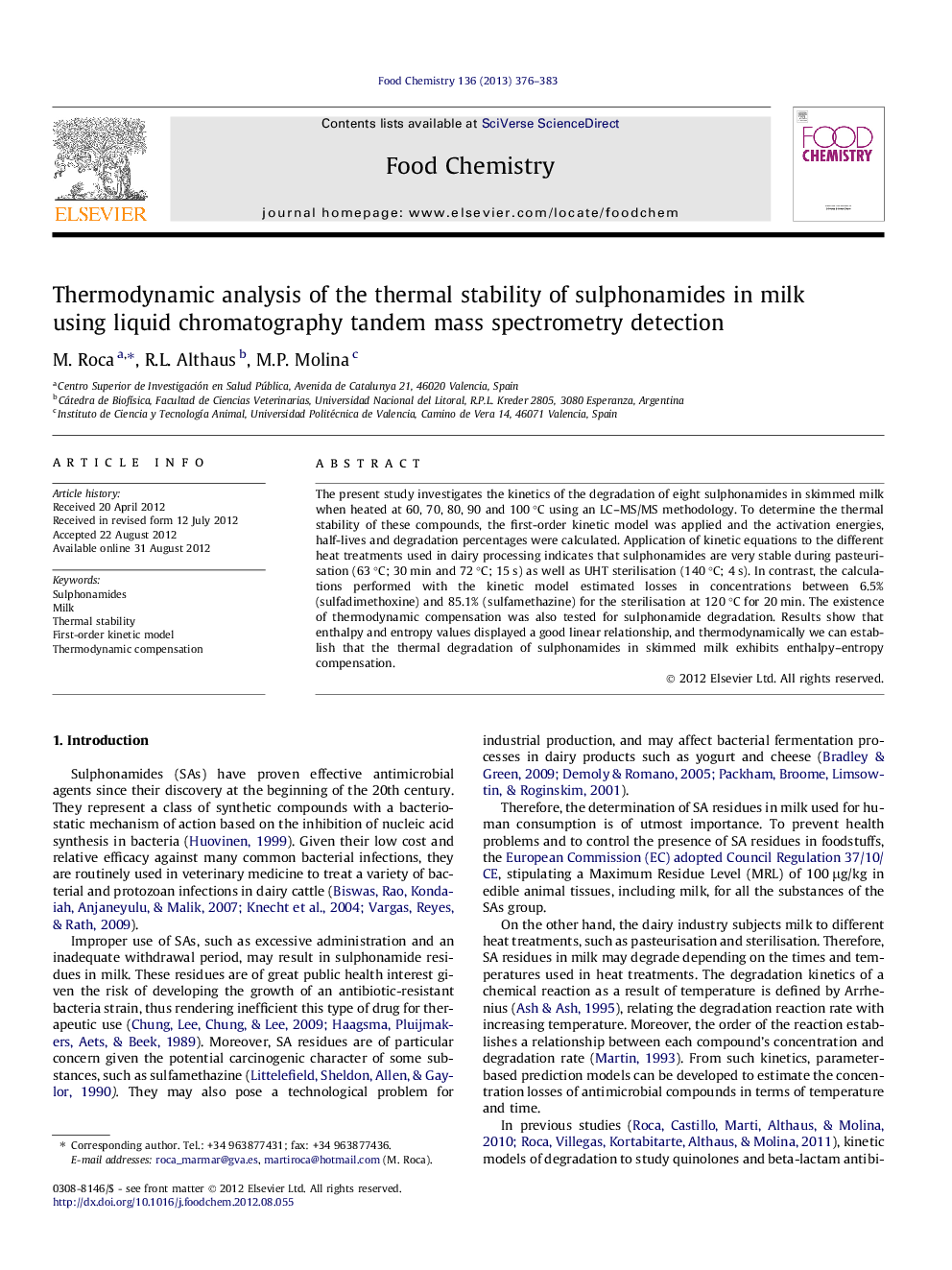 Thermodynamic analysis of the thermal stability of sulphonamides in milk using liquid chromatography tandem mass spectrometry detection