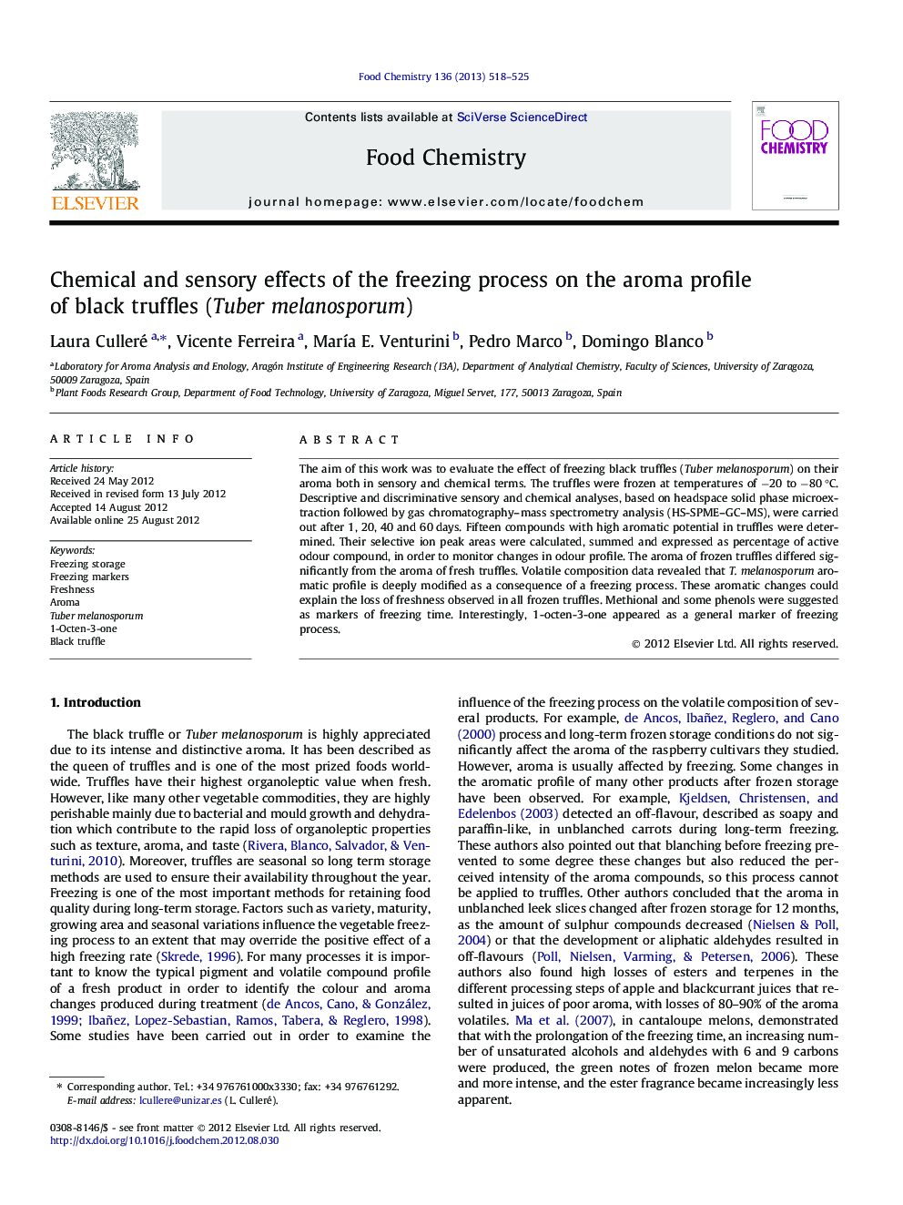 Chemical and sensory effects of the freezing process on the aroma profile of black truffles (Tuber melanosporum)