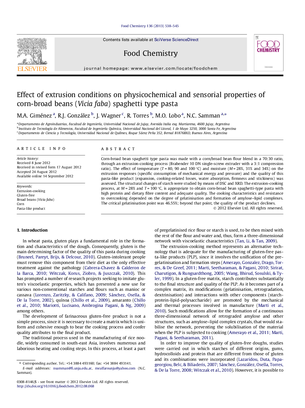 Effect of extrusion conditions on physicochemical and sensorial properties of corn-broad beans (Vicia faba) spaghetti type pasta