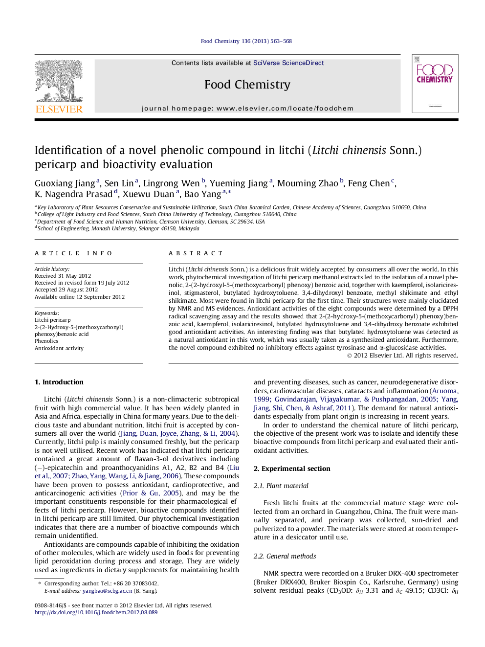 Identification of a novel phenolic compound in litchi (Litchi chinensis Sonn.) pericarp and bioactivity evaluation