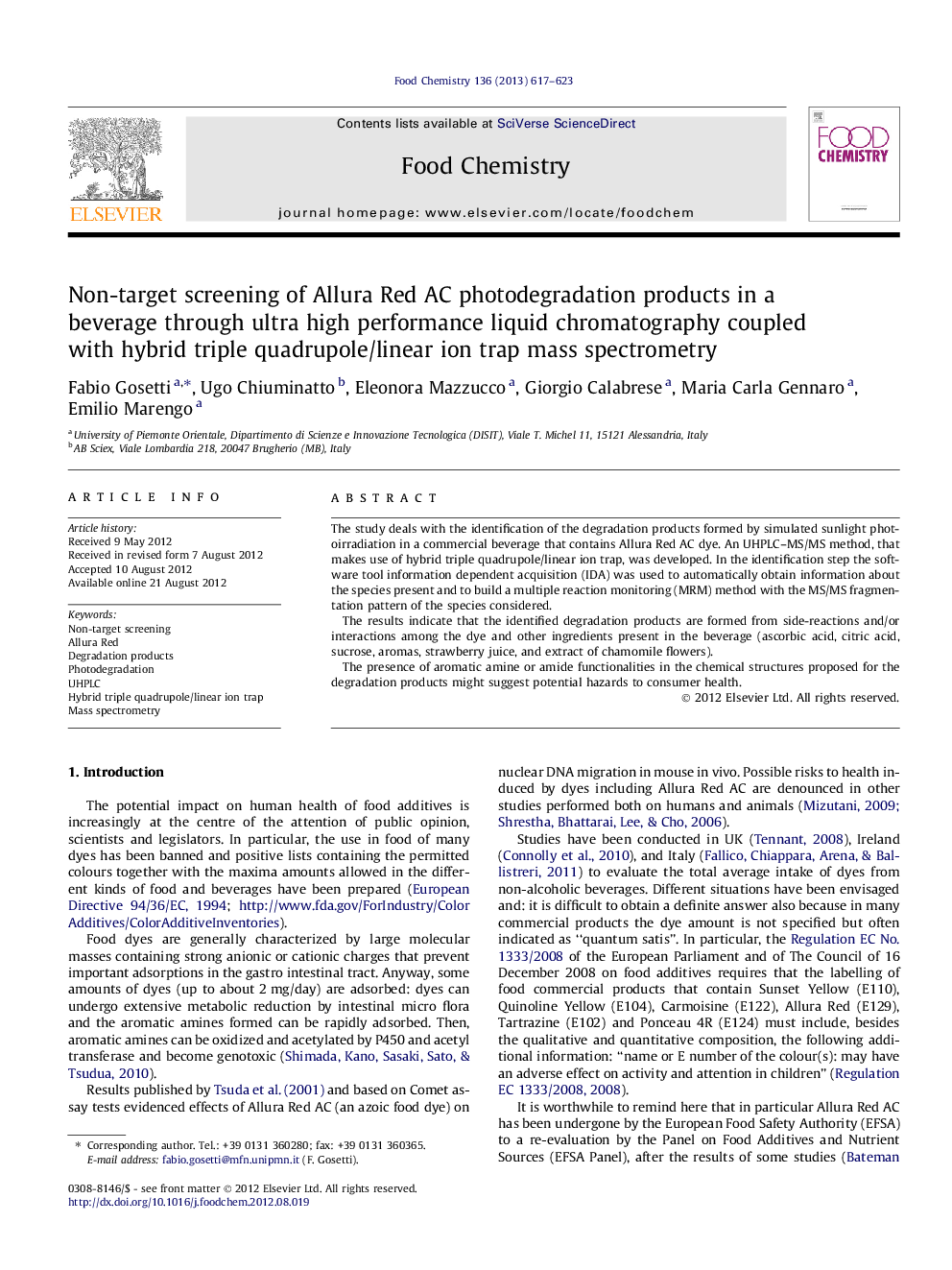 Non-target screening of Allura Red AC photodegradation products in a beverage through ultra high performance liquid chromatography coupled with hybrid triple quadrupole/linear ion trap mass spectrometry