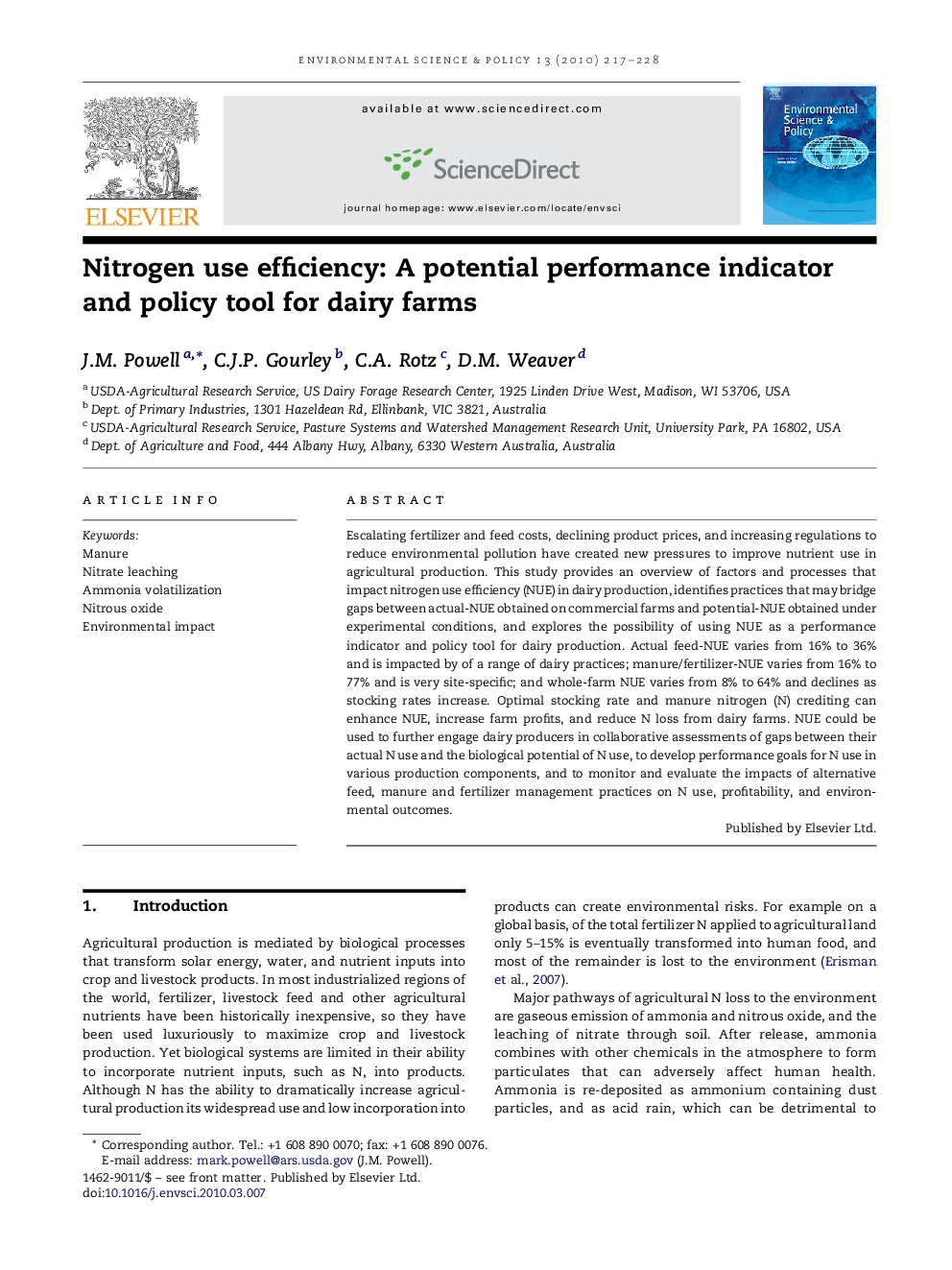 Nitrogen use efficiency: A potential performance indicator and policy tool for dairy farms