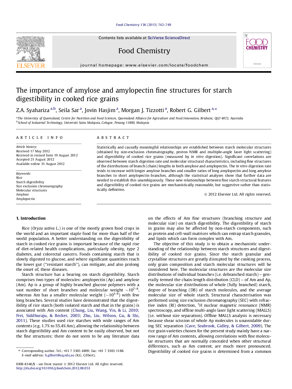 The importance of amylose and amylopectin fine structures for starch digestibility in cooked rice grains