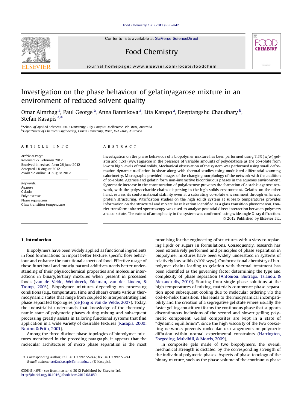 Investigation on the phase behaviour of gelatin/agarose mixture in an environment of reduced solvent quality