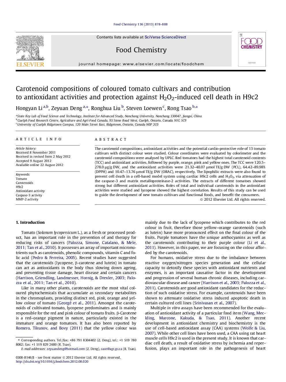 Carotenoid compositions of coloured tomato cultivars and contribution to antioxidant activities and protection against H2O2-induced cell death in H9c2