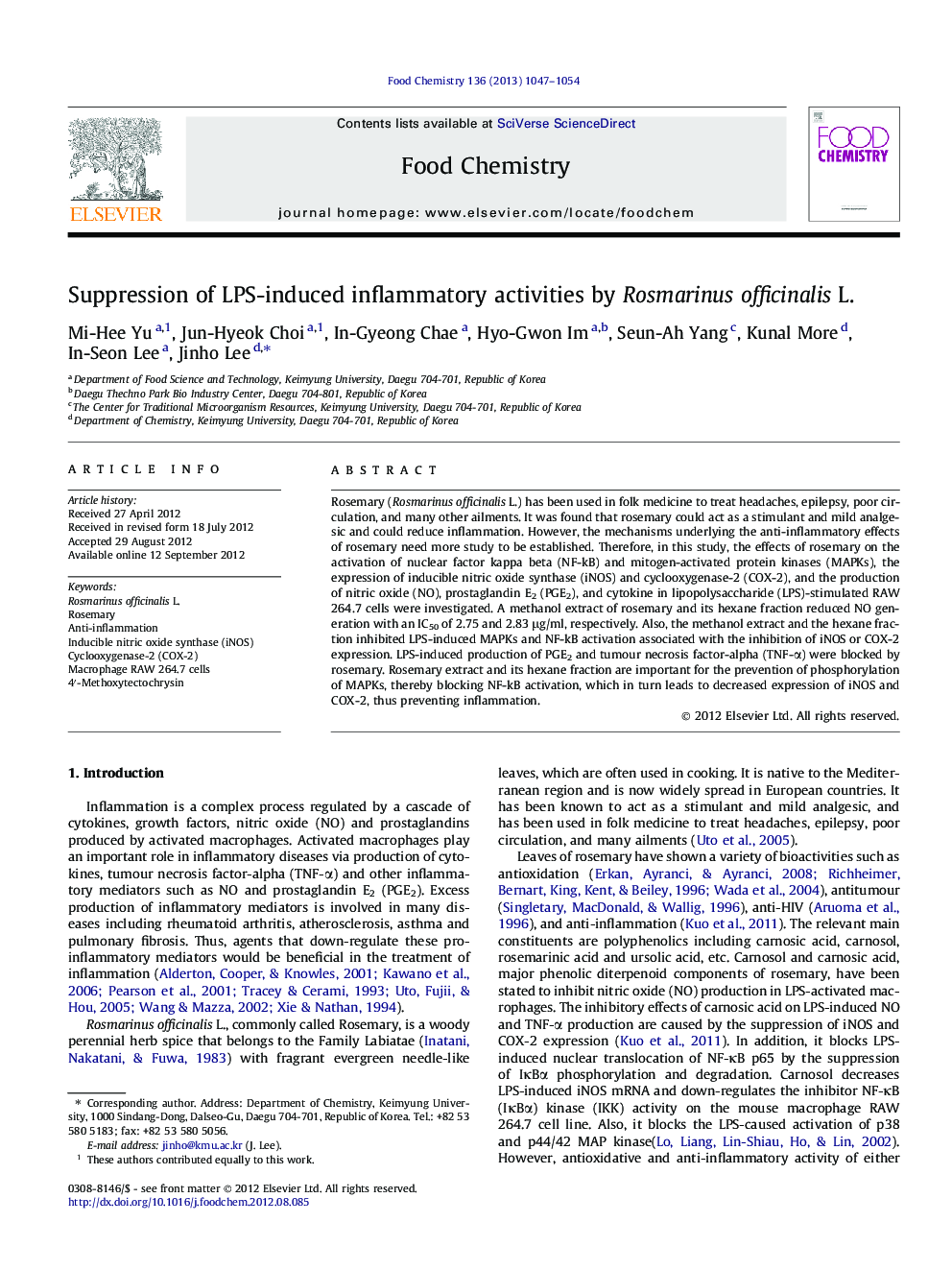 Suppression of LPS-induced inflammatory activities by Rosmarinus officinalis L.