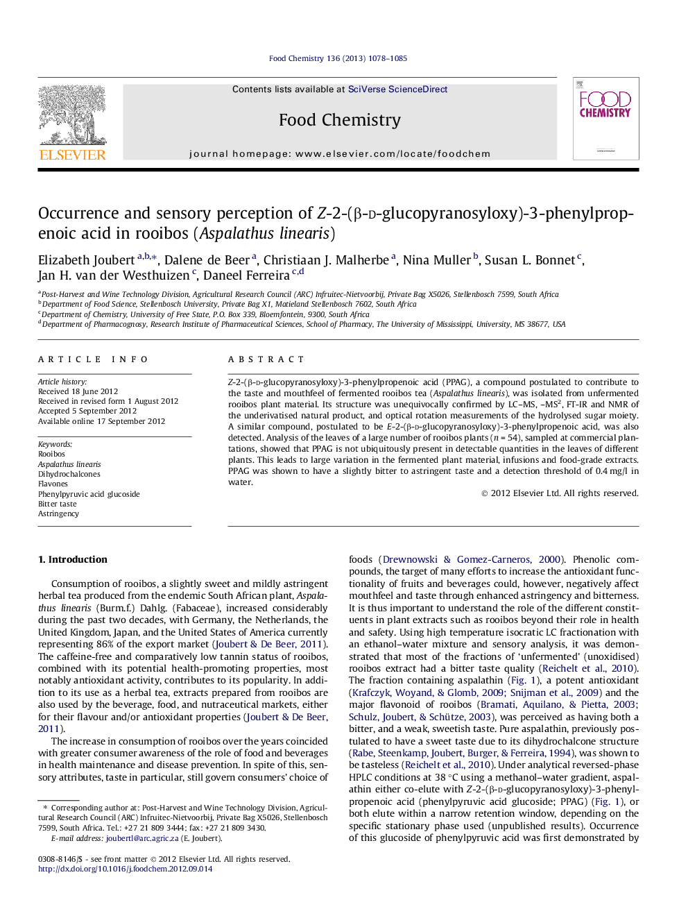 Occurrence and sensory perception of Z-2-(Î²-d-glucopyranosyloxy)-3-phenylpropenoic acid in rooibos (Aspalathus linearis)