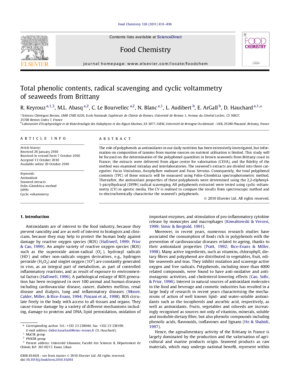 Total phenolic contents, radical scavenging and cyclic voltammetry of seaweeds from Brittany