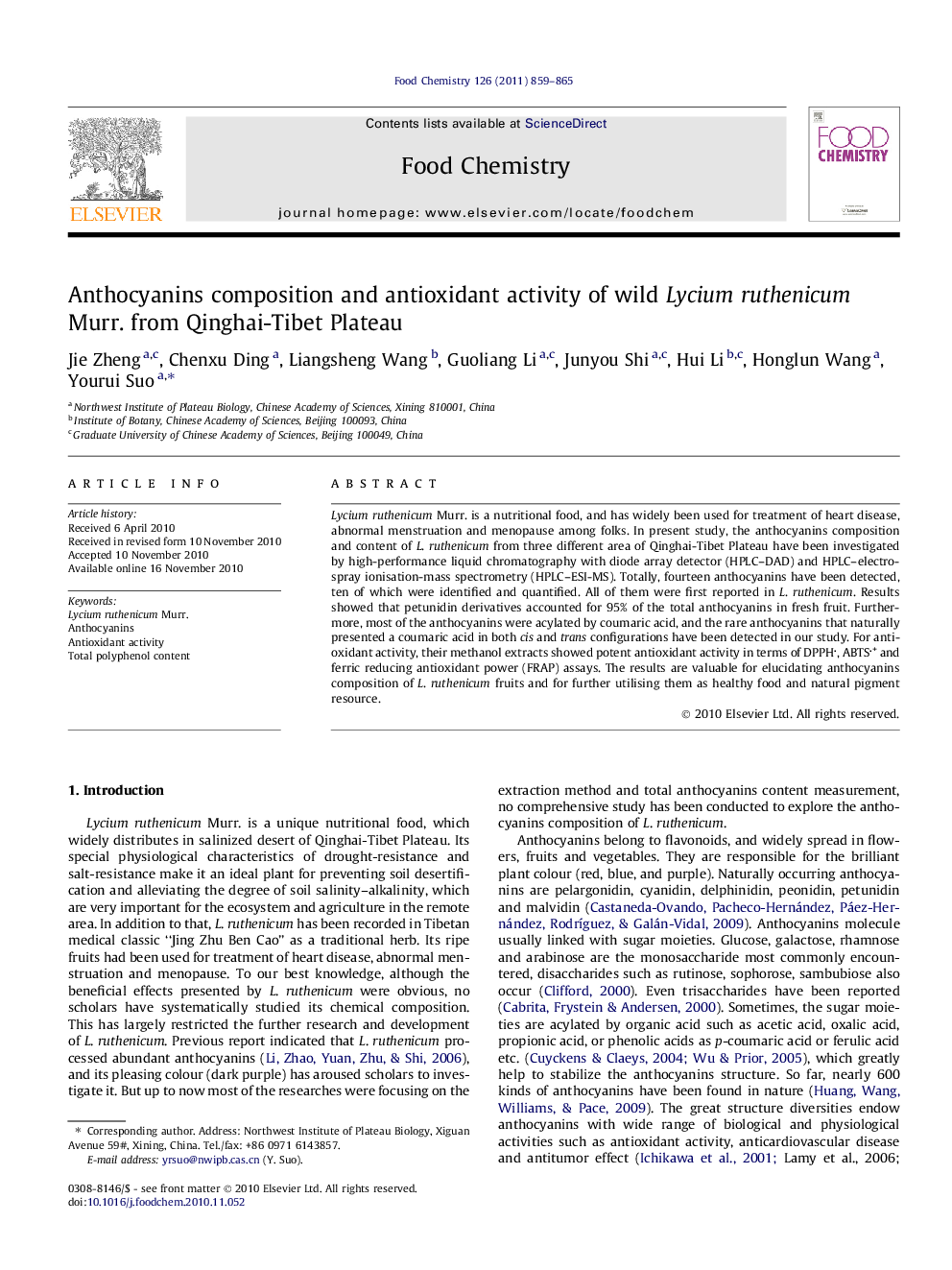 Anthocyanins composition and antioxidant activity of wild Lycium ruthenicum Murr. from Qinghai-Tibet Plateau