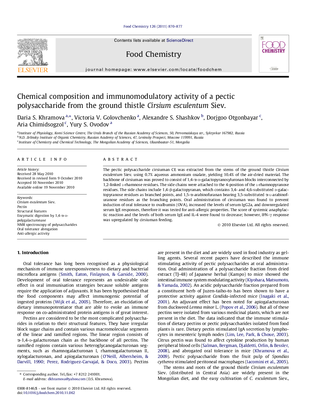 Chemical composition and immunomodulatory activity of a pectic polysaccharide from the ground thistle Cirsium esculentum Siev.