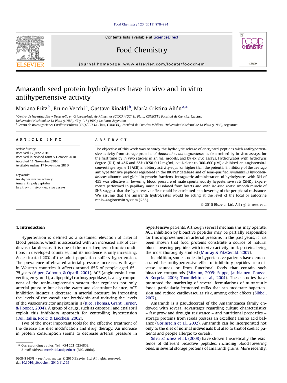 Amaranth seed protein hydrolysates have in vivo and in vitro antihypertensive activity