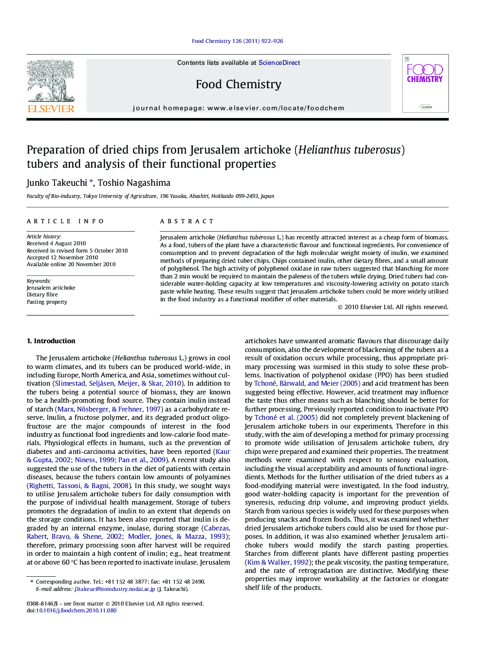 Preparation of dried chips from Jerusalem artichoke (Helianthus tuberosus) tubers and analysis of their functional properties