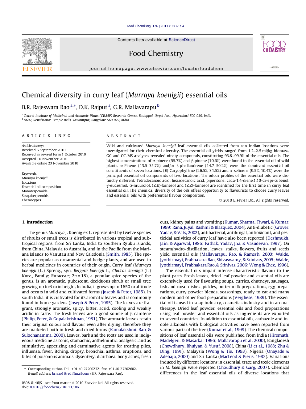 Chemical diversity in curry leaf (Murraya koenigii) essential oils