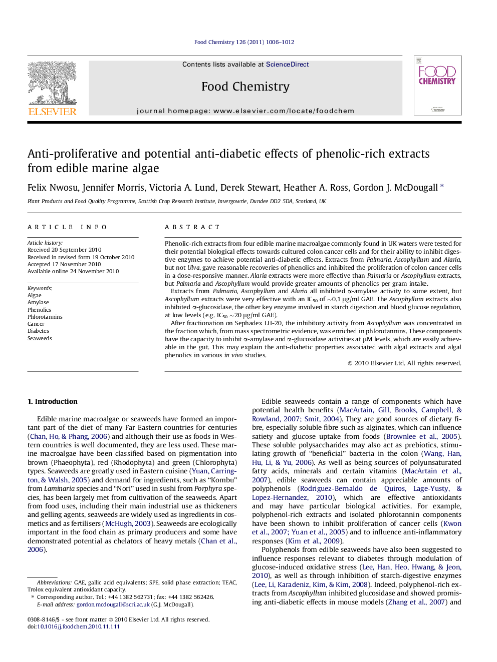 Anti-proliferative and potential anti-diabetic effects of phenolic-rich extracts from edible marine algae