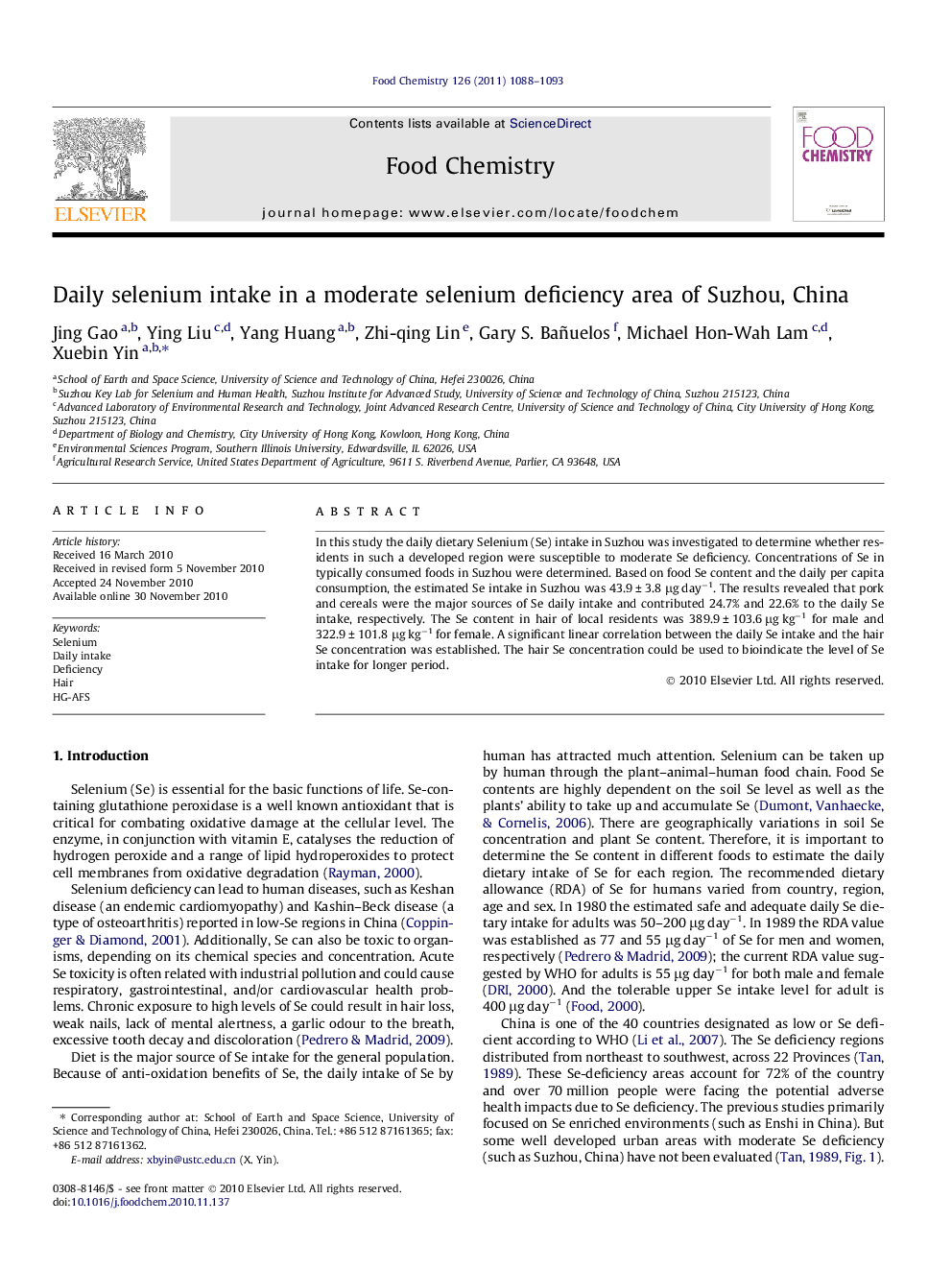 Daily selenium intake in a moderate selenium deficiency area of Suzhou, China