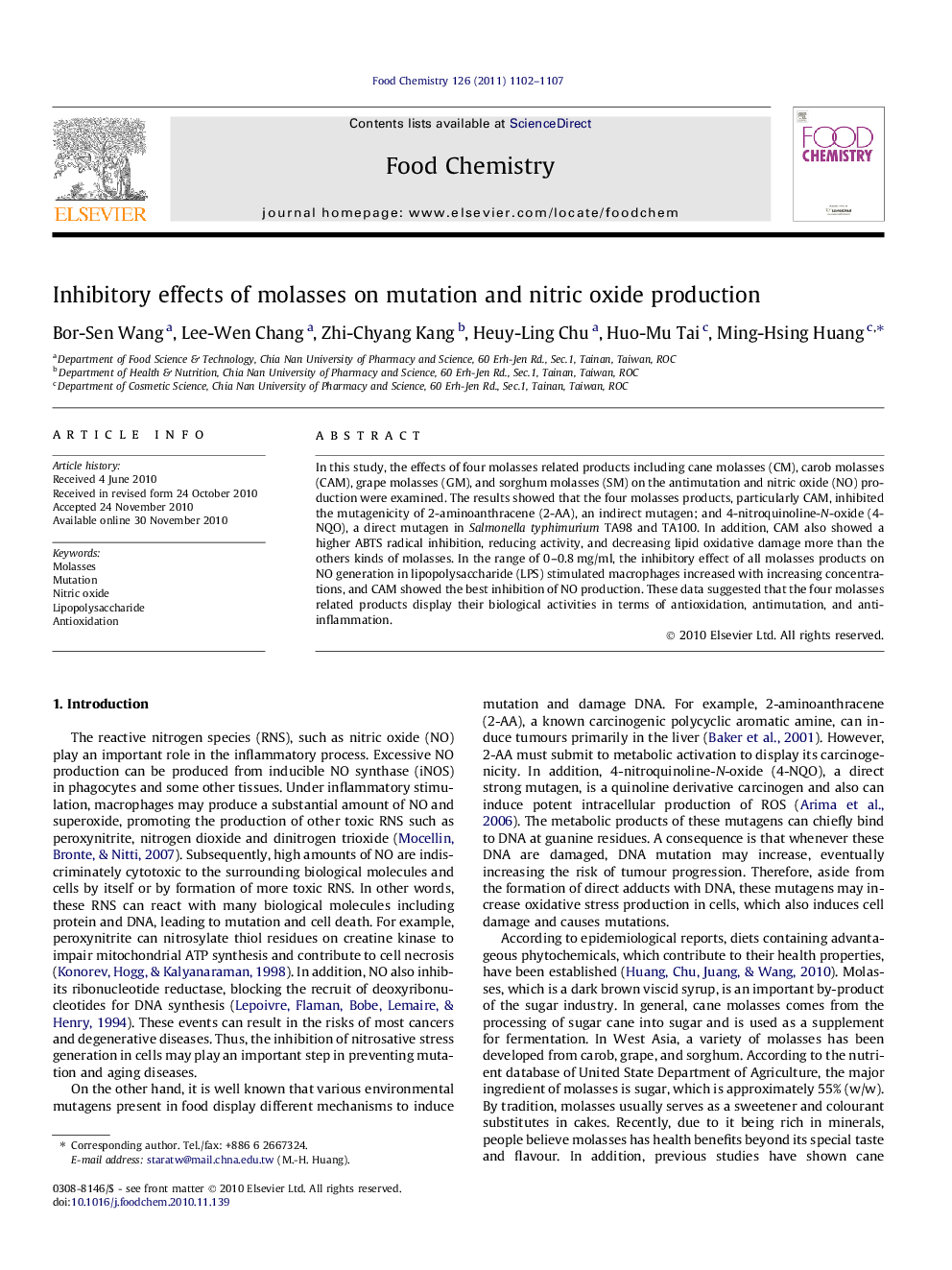 Inhibitory effects of molasses on mutation and nitric oxide production