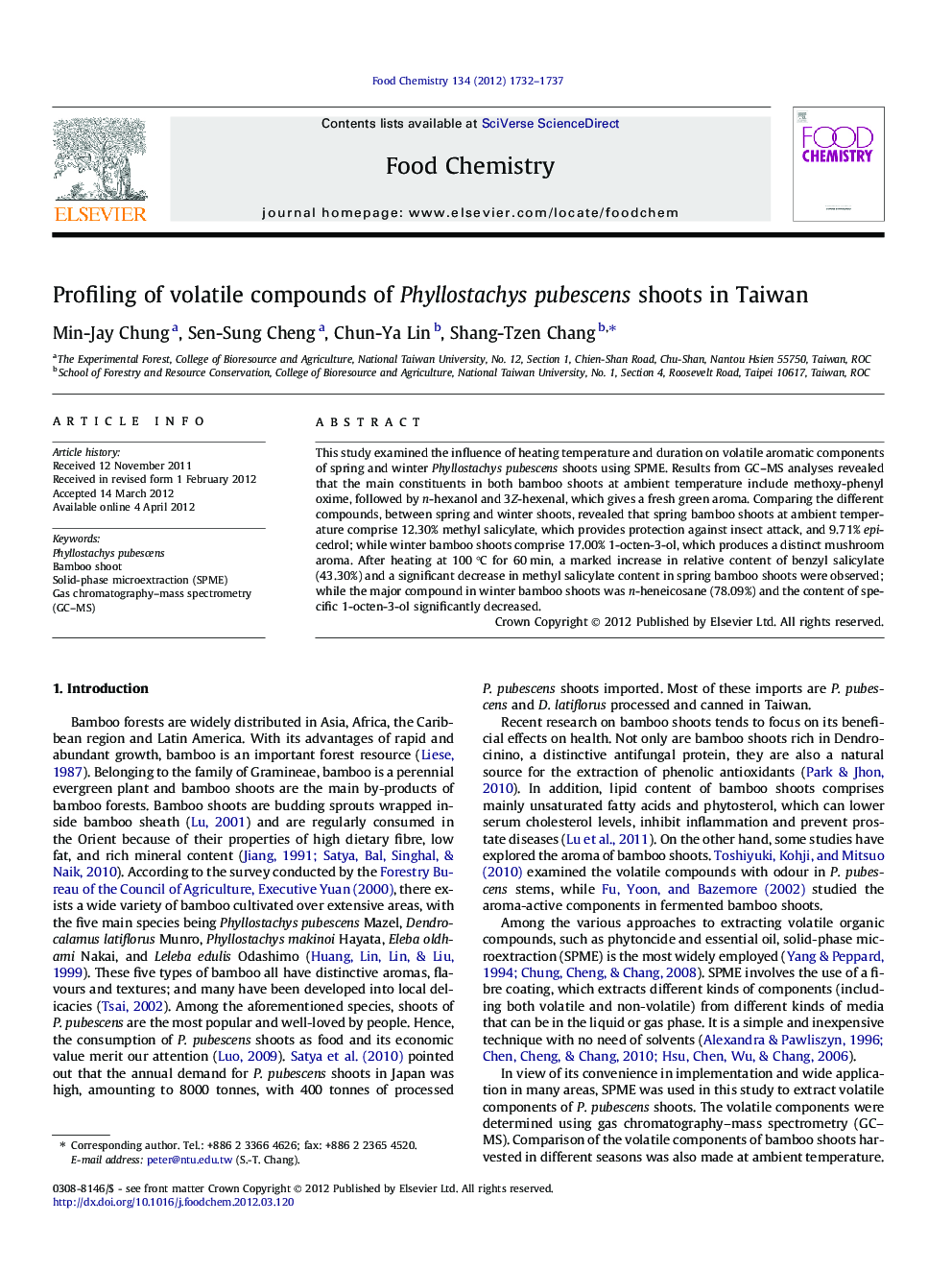 Profiling of volatile compounds of Phyllostachys pubescens shoots in Taiwan