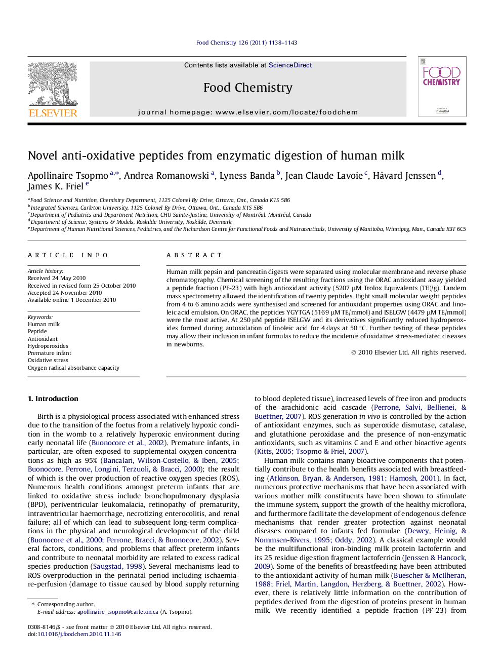 Novel anti-oxidative peptides from enzymatic digestion of human milk