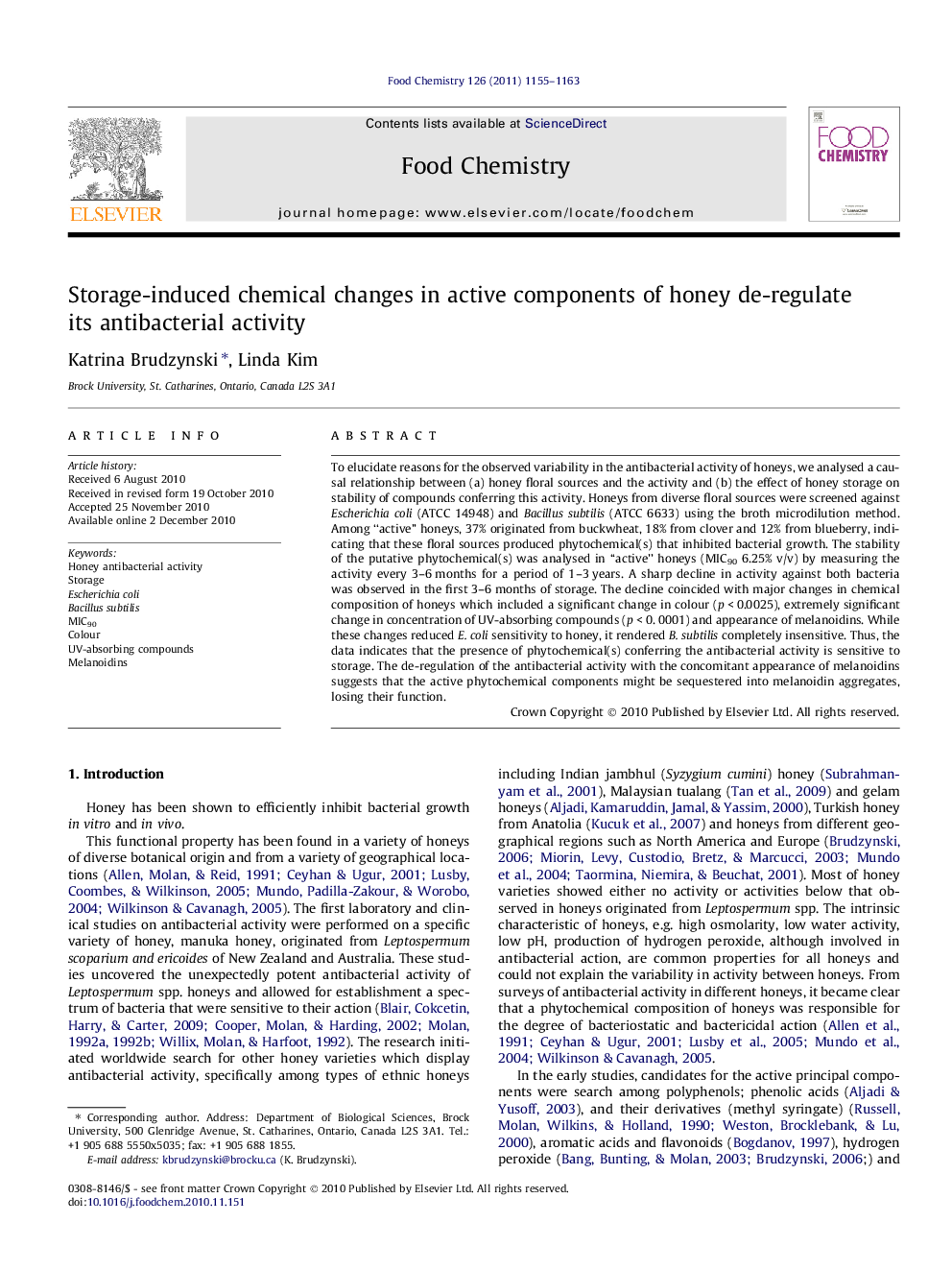 Storage-induced chemical changes in active components of honey de-regulate its antibacterial activity