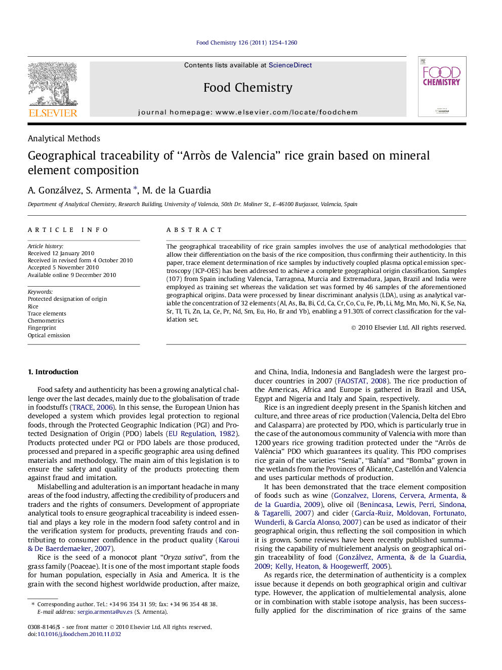 Geographical traceability of “ArrÃ²s de Valencia” rice grain based on mineral element composition