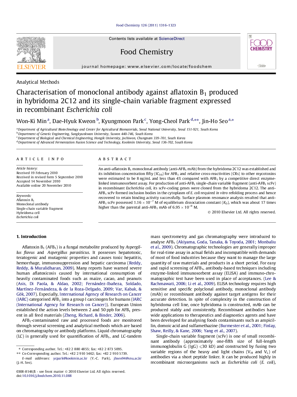 Characterisation of monoclonal antibody against aflatoxin B1 produced in hybridoma 2C12 and its single-chain variable fragment expressed in recombinant Escherichia coli