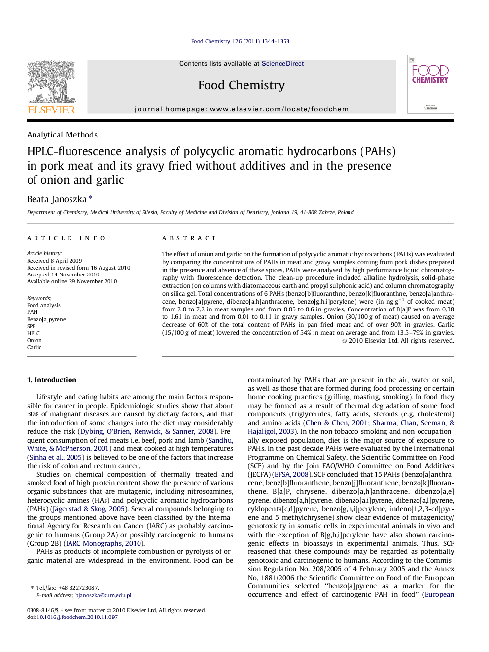 HPLC-fluorescence analysis of polycyclic aromatic hydrocarbons (PAHs) in pork meat and its gravy fried without additives and in the presence of onion and garlic