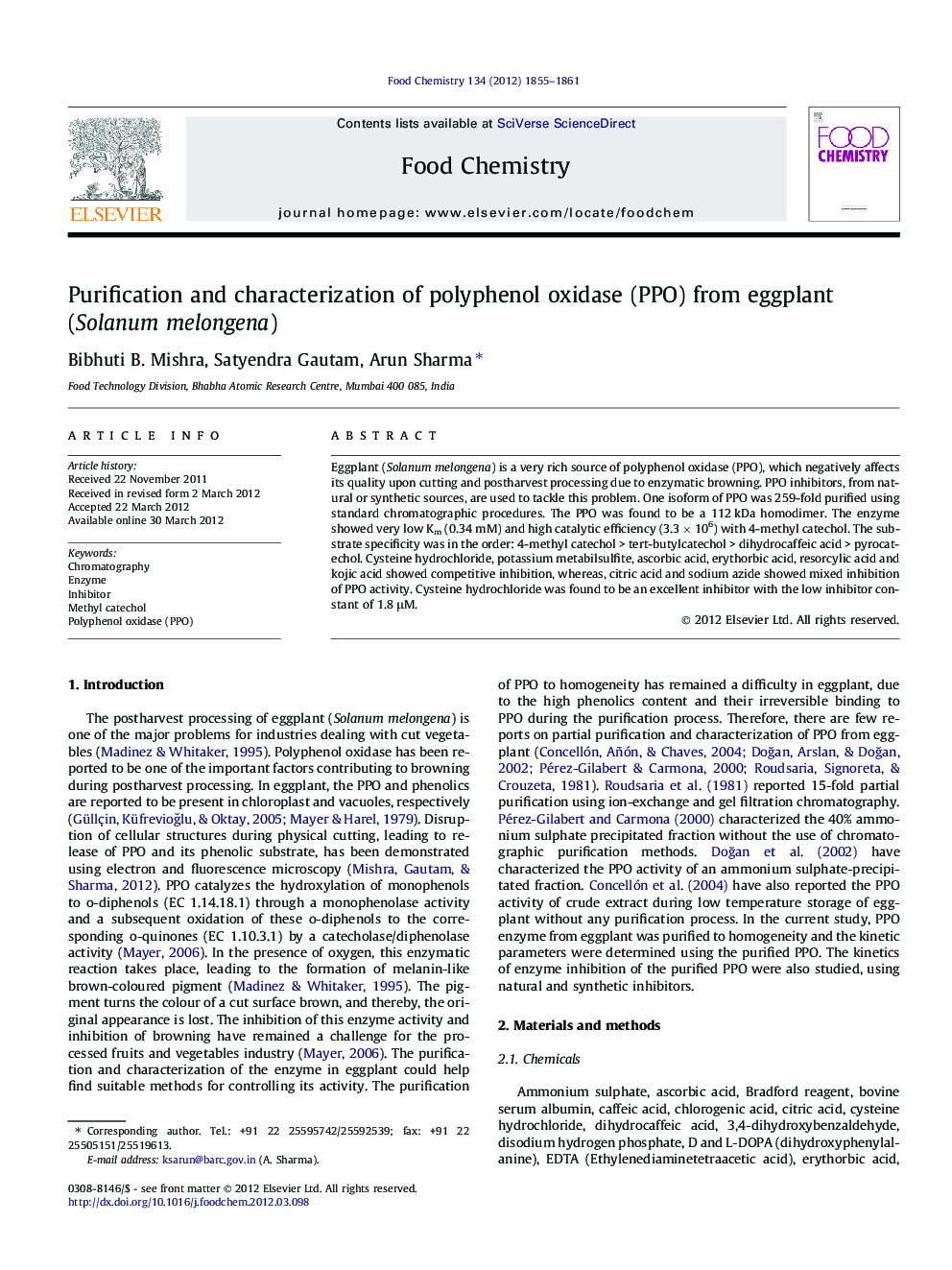 Purification and characterisation of polyphenol oxidase (PPO) from eggplant (Solanum melongena)