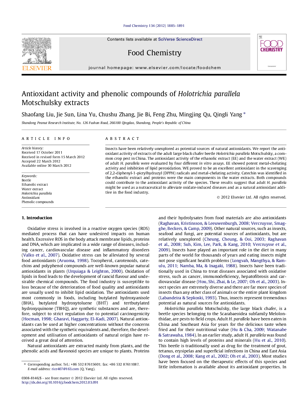 Antioxidant activity and phenolic compounds of Holotrichia parallela Motschulsky extracts