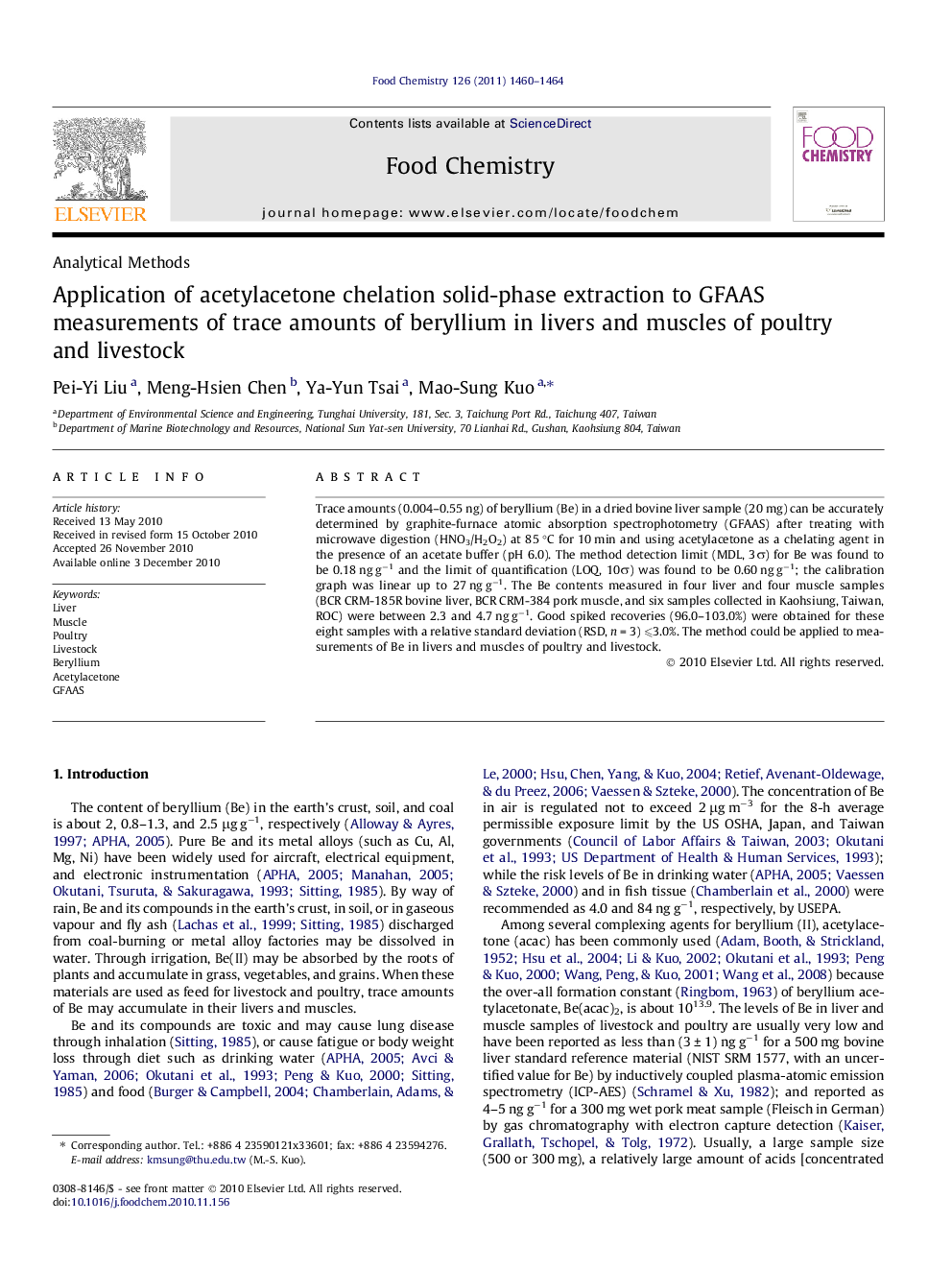 Application of acetylacetone chelation solid-phase extraction to GFAAS measurements of trace amounts of beryllium in livers and muscles of poultry and livestock