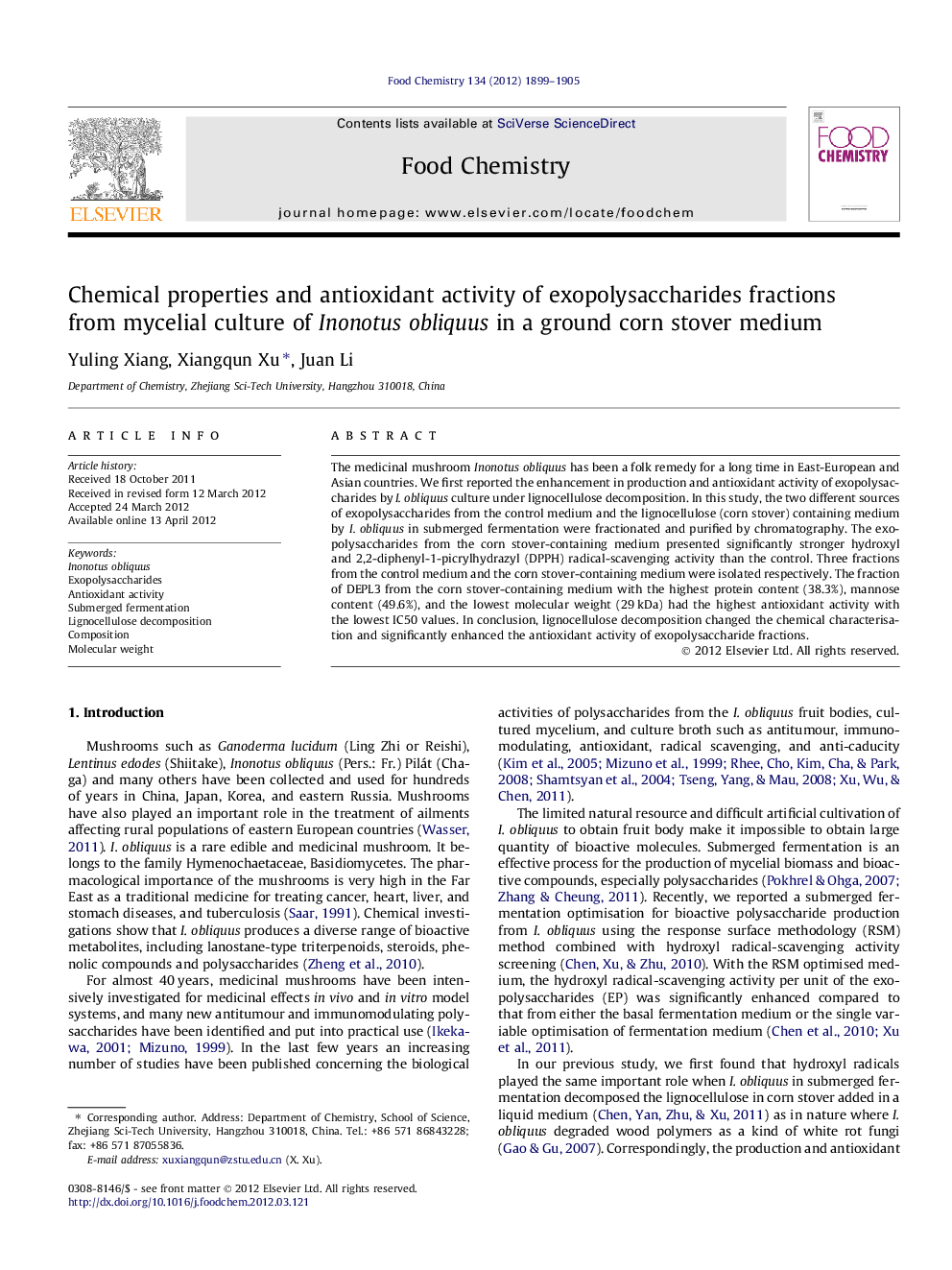 Chemical properties and antioxidant activity of exopolysaccharides fractions from mycelial culture of Inonotus obliquus in a ground corn stover medium